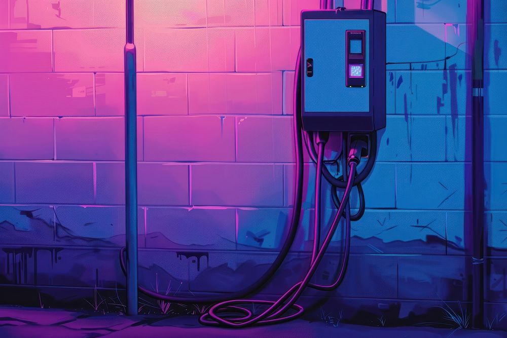 Power supply connected to electric vehicle charge battery purple wall power supply.