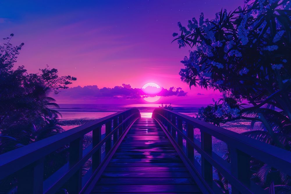 Panorama view of footbridge to the Smathers beach at sunrise purple landscape outdoors.