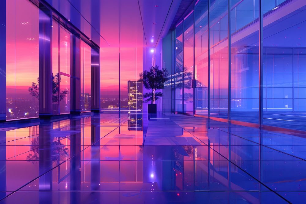 Reflection of architecture on modern office building reflection purple lobby.