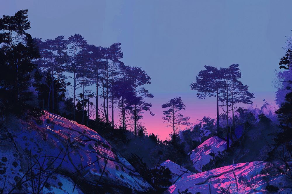 Wilderness landscape forest with pine trees and moss on rocks purple outdoors nature.