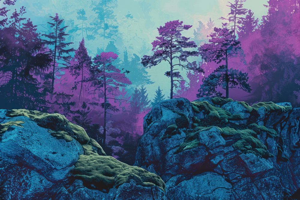 Wilderness landscape forest with pine trees and moss on rocks purple outdoors nature.