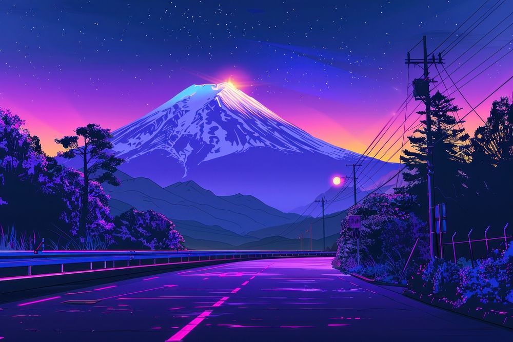 Mountain purple road landscape.