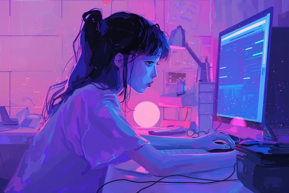 The programmer girl works at the computer laptop purple illuminated.