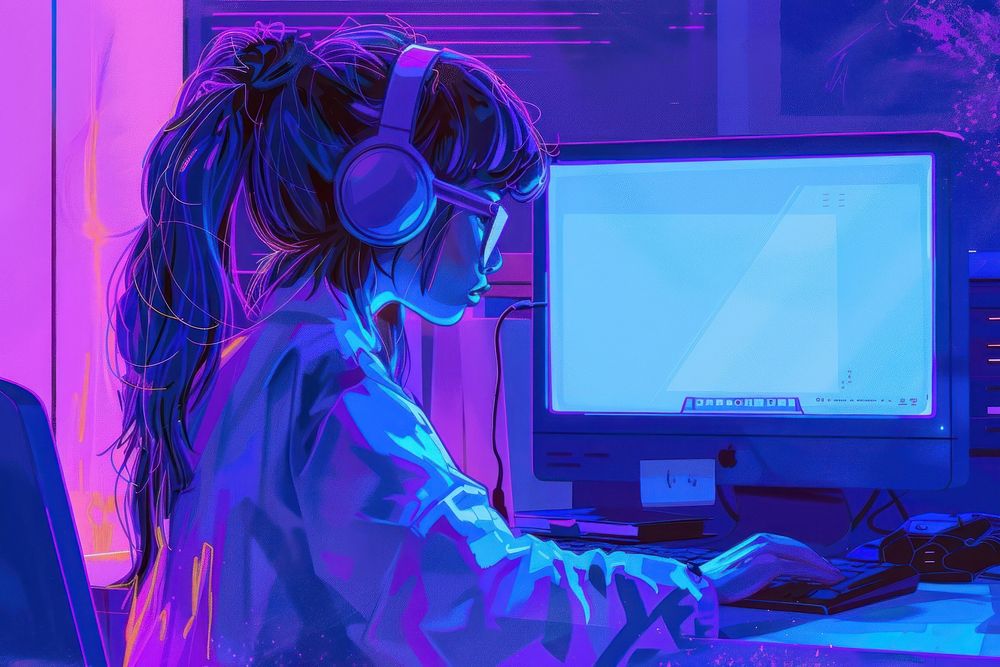 The programmer girl works at the computer purple adult electronics.