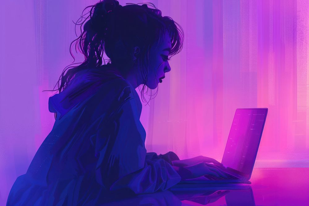 Using laptop purple computer adult.