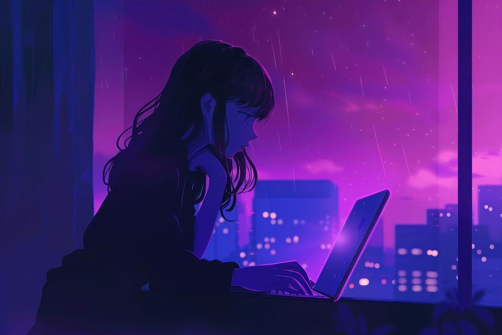 Using laptop computer purple anime.