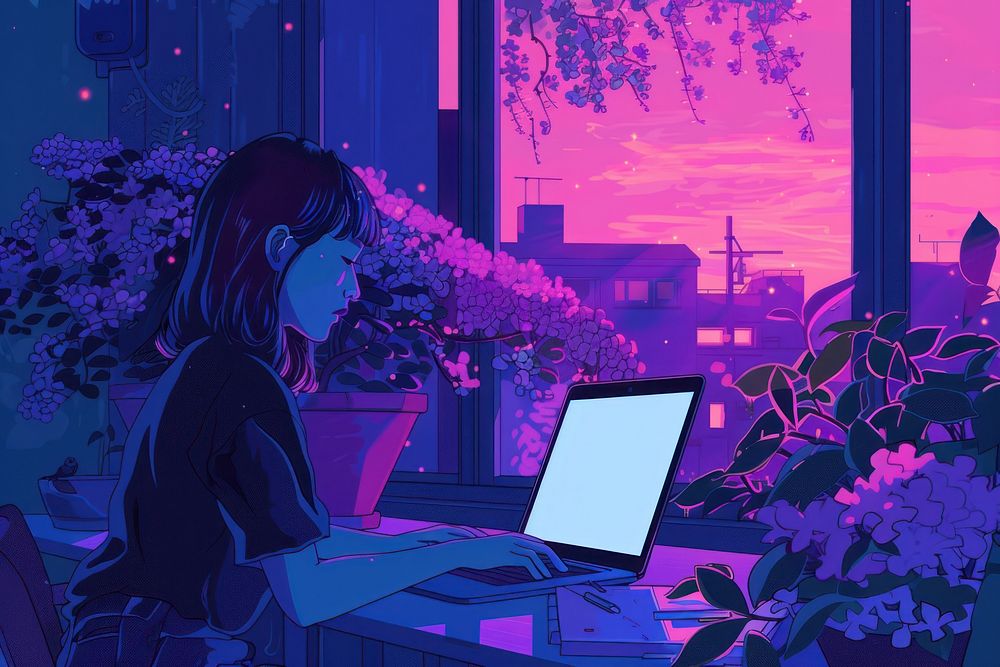 Using laptop purple computer anime. | Free Photo Illustration - rawpixel