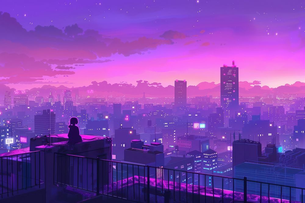 Rooftop cityscape purple sky. | Premium Photo Illustration - rawpixel