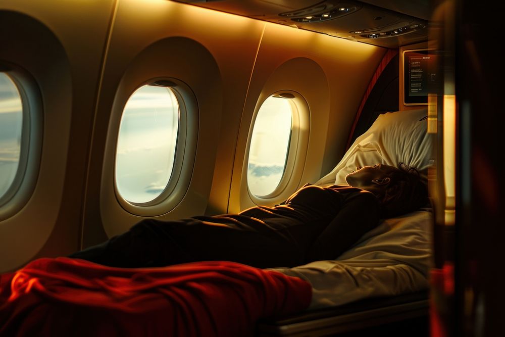 A person sleeps sitting in vip seat of a plane airplane aircraft vehicle.