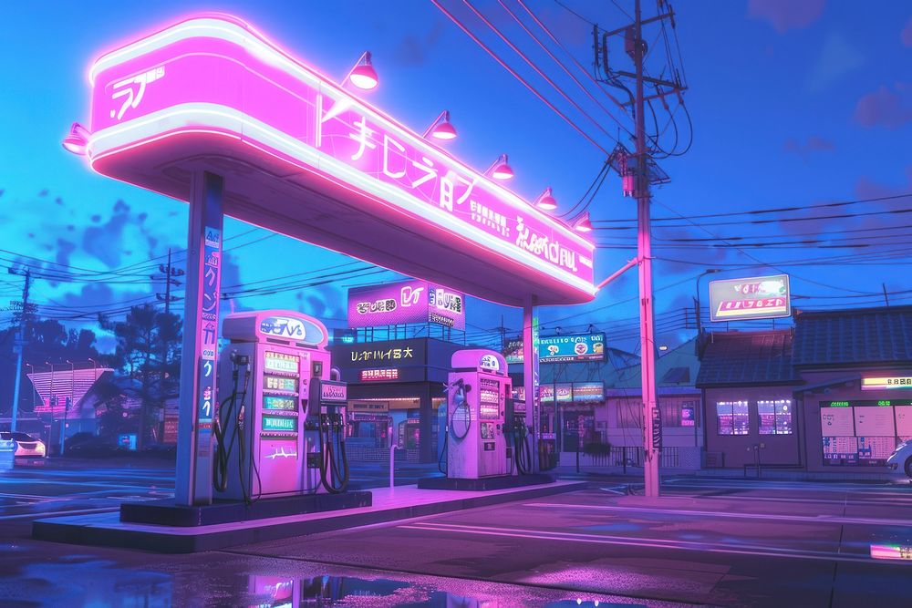 Gas station neon car sky.