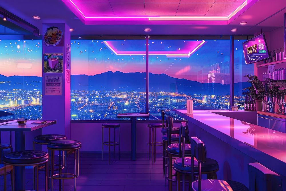 Restaurant cityscape purple table.