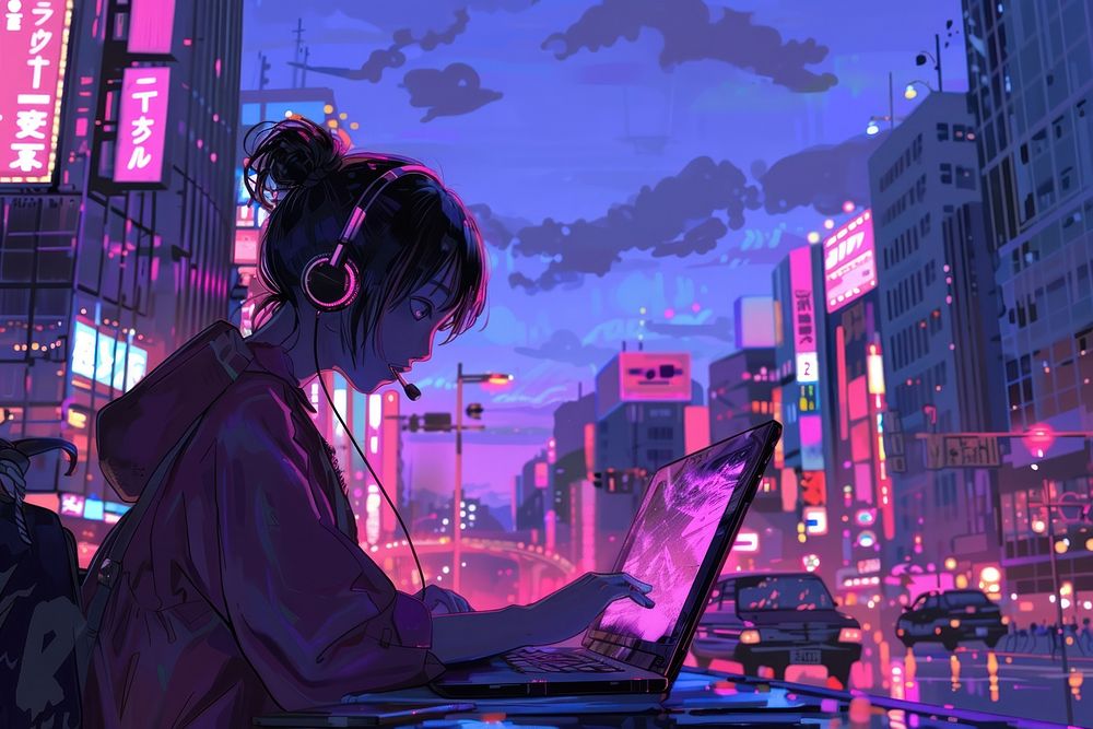 Using laptop anime cityscape computer.