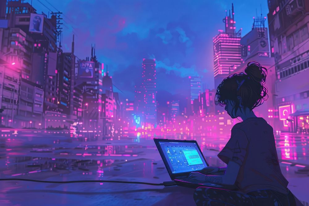 Using laptop anime cityscape computer. | Premium Photo Illustration ...