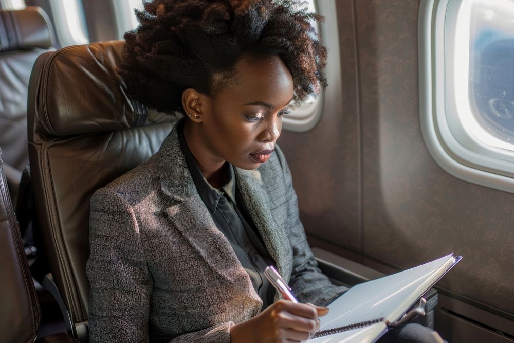An African businesswoman sitting on an airplane seat and writing technology hairstyle passenger.