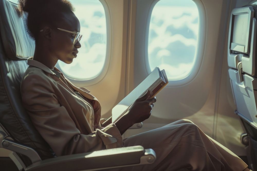 An African businesswoman sitting on an airplane seat and writing vehicle reading window.