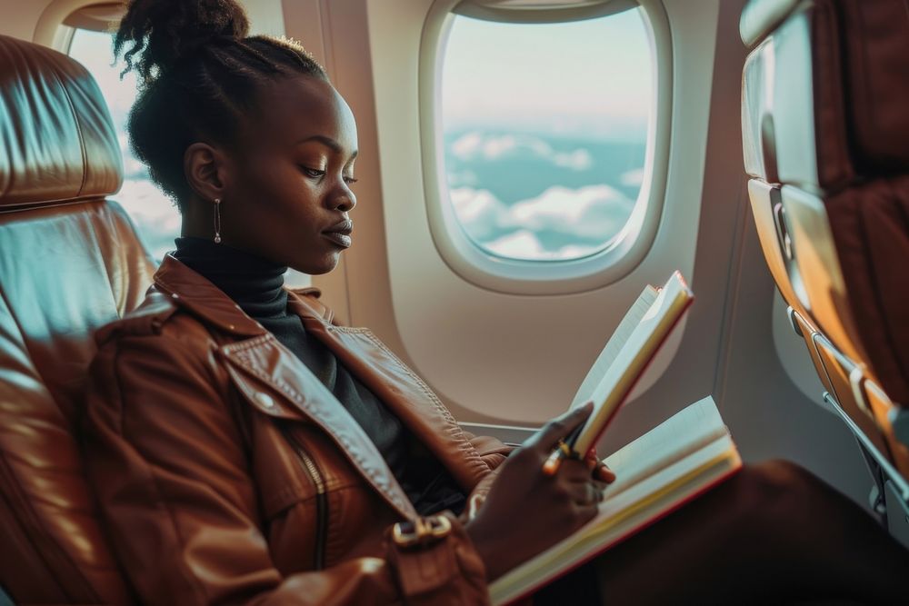 An African businesswoman sitting on an airplane seat and writing reading portrait clothing.