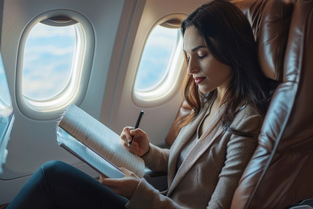 An Hispanic businesswoman sitting on an airplane seat and writing vehicle window adult.