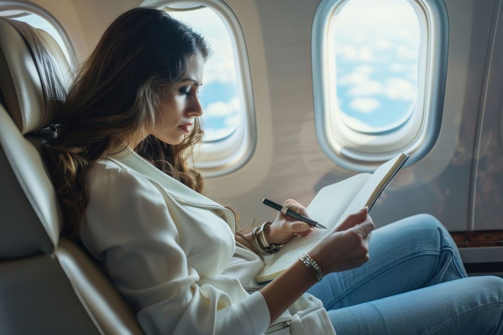 An Hispanic businesswoman sitting on an airplane seat and writing window adult accessories.