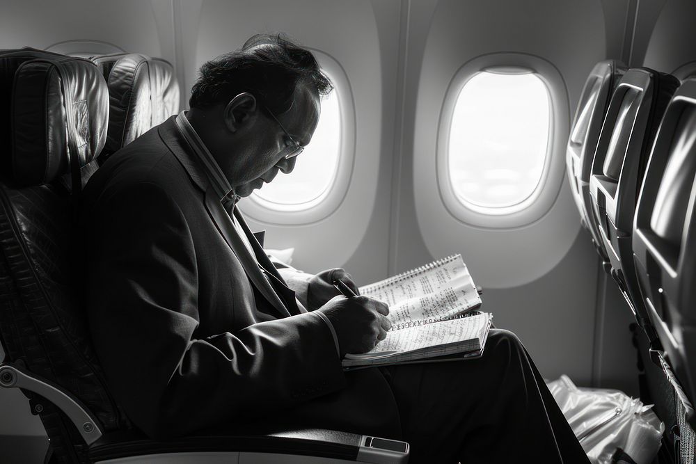 An Indian businessman sitting on an airplane seat and writing vehicle reading adult.