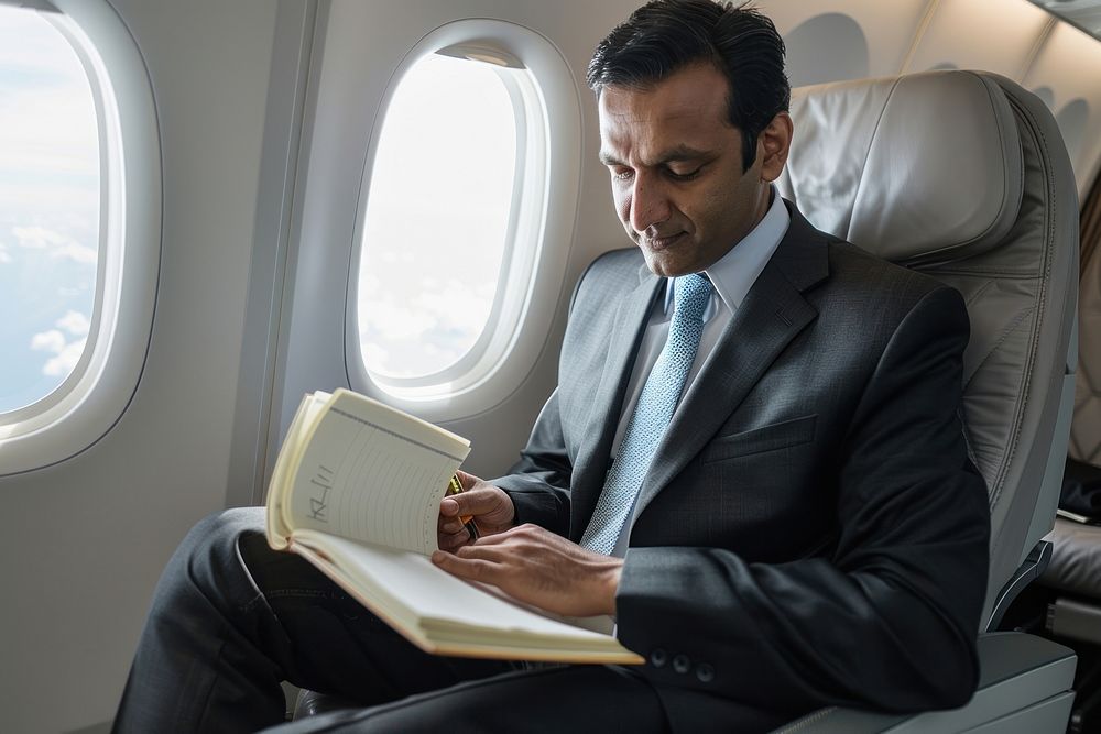 An Indian businessman sitting on an airplane seat and writing vehicle reading window.