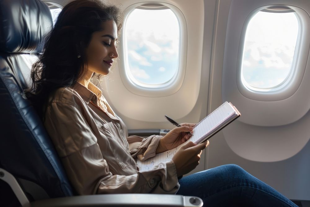 An Indian businesswoman sitting on an airplane seat and writing reading vehicle window.