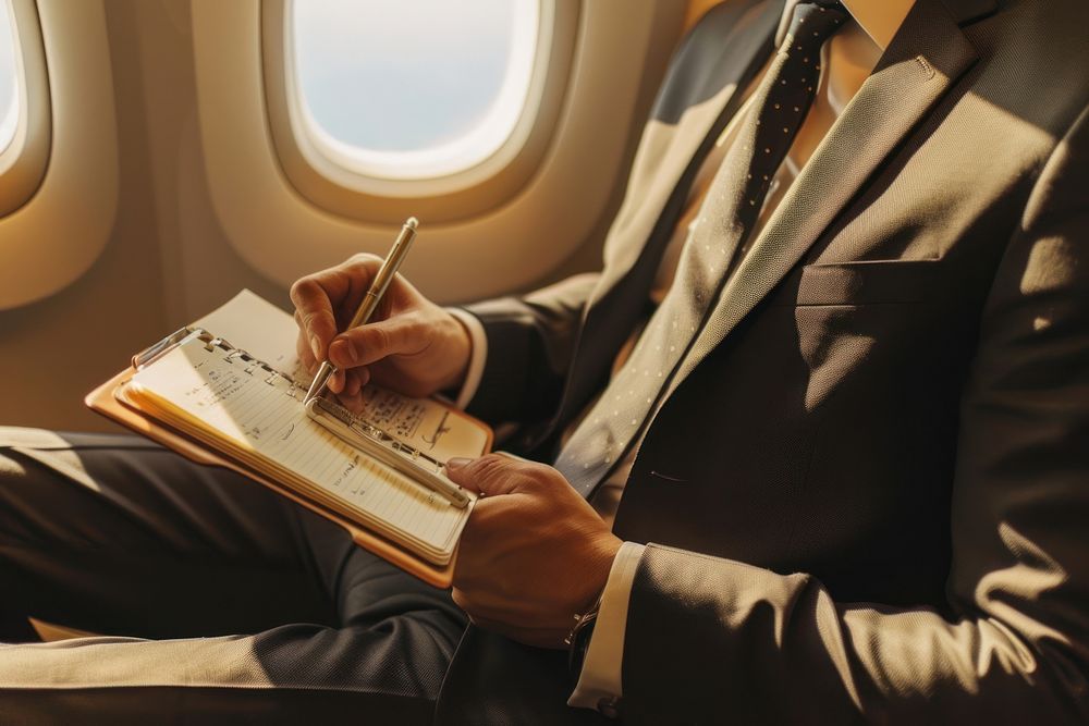 An Japanese businessman sitting on an airplane seat and writing adult accessories accessory.