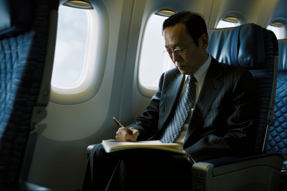 An Japanese businessman sitting on an airplane seat and writing vehicle reading adult.