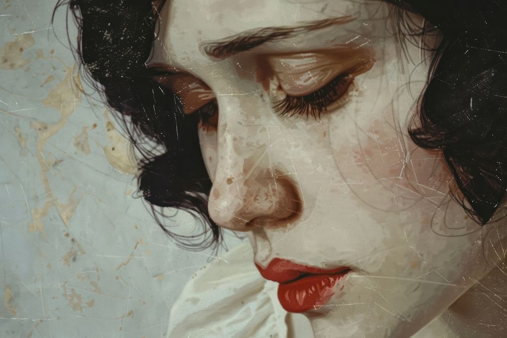 Close up on pale sad people portrait painting adult.