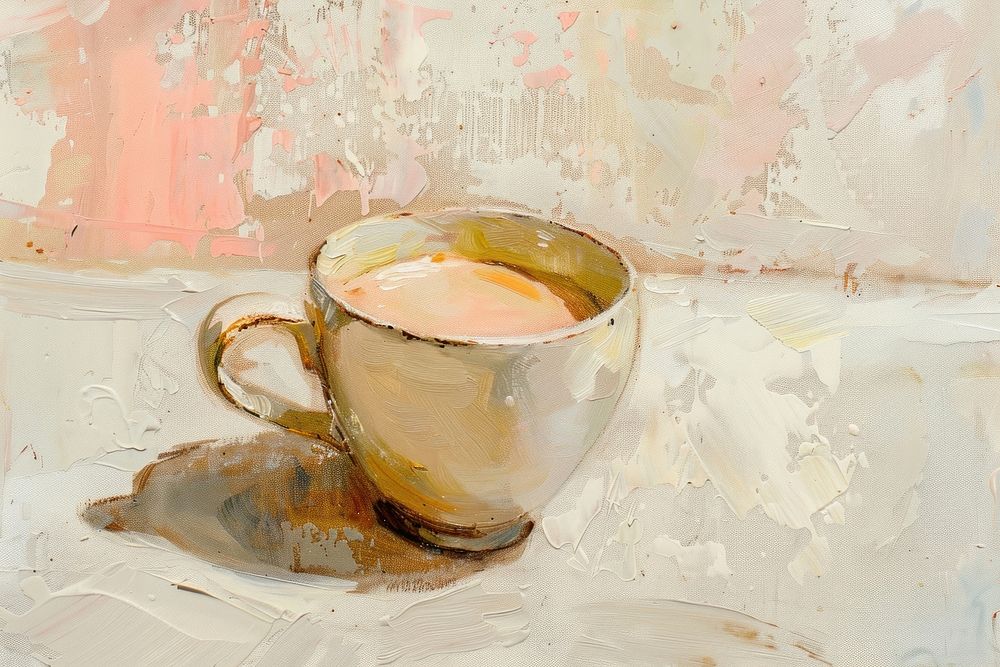Close up on pale milk tea painting saucer coffee.