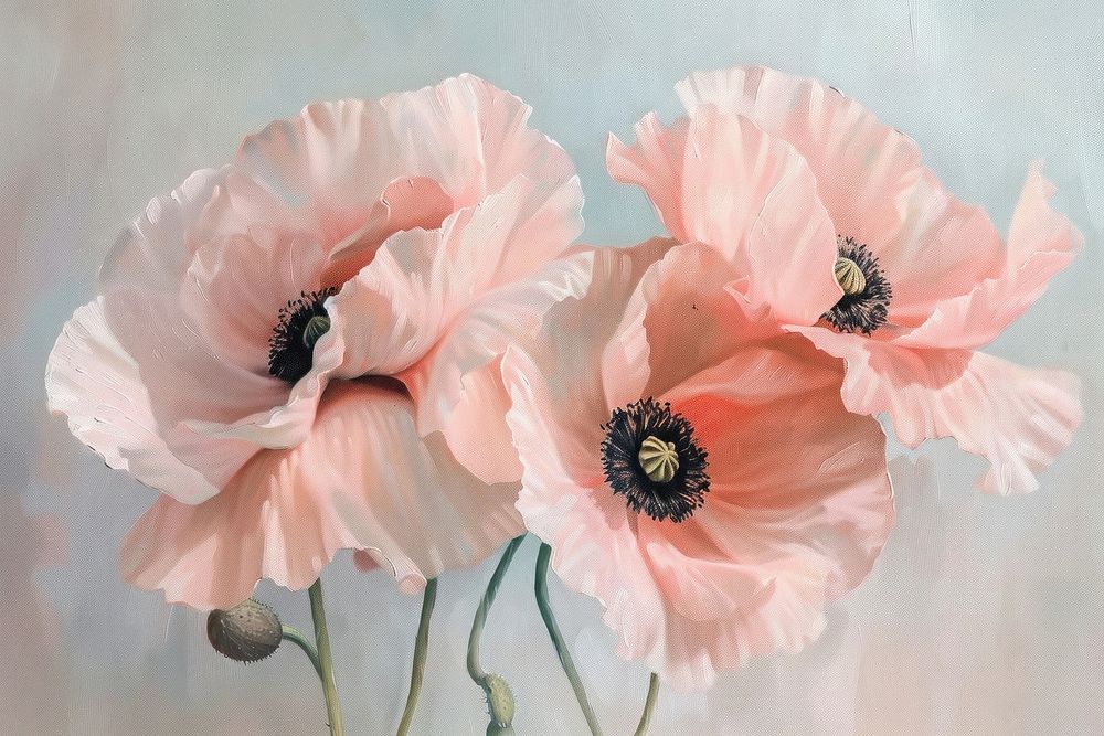 Close up on pale pink poppy flowers painting plant inflorescence.