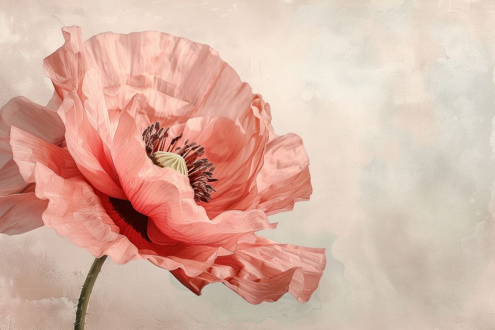 Close up on pale poppy flower painting blossom plant.