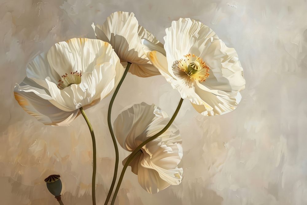 Close up on pale white poppy flowers painting petal plant.