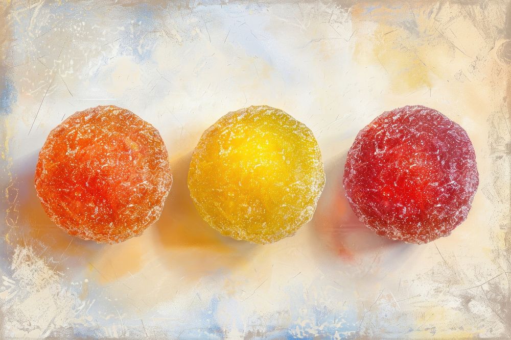 Close up on pale sour candy painting fruit food.