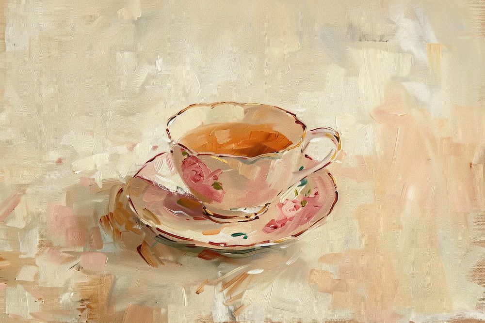 Close up on pale Tea painting saucer drink.