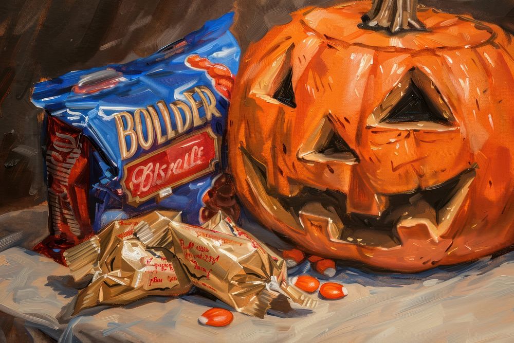 Close up on pale halloween candy painting food jack-o'-lantern.