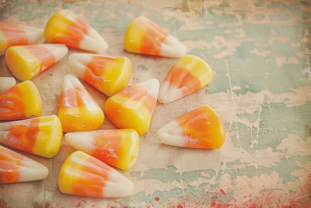 Close up on pale candy corn confectionery food freshness.