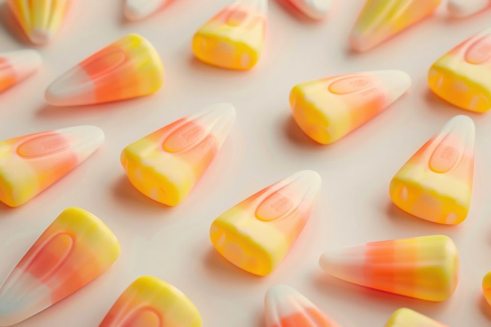 Close up on pale candy corn confectionery food pill.