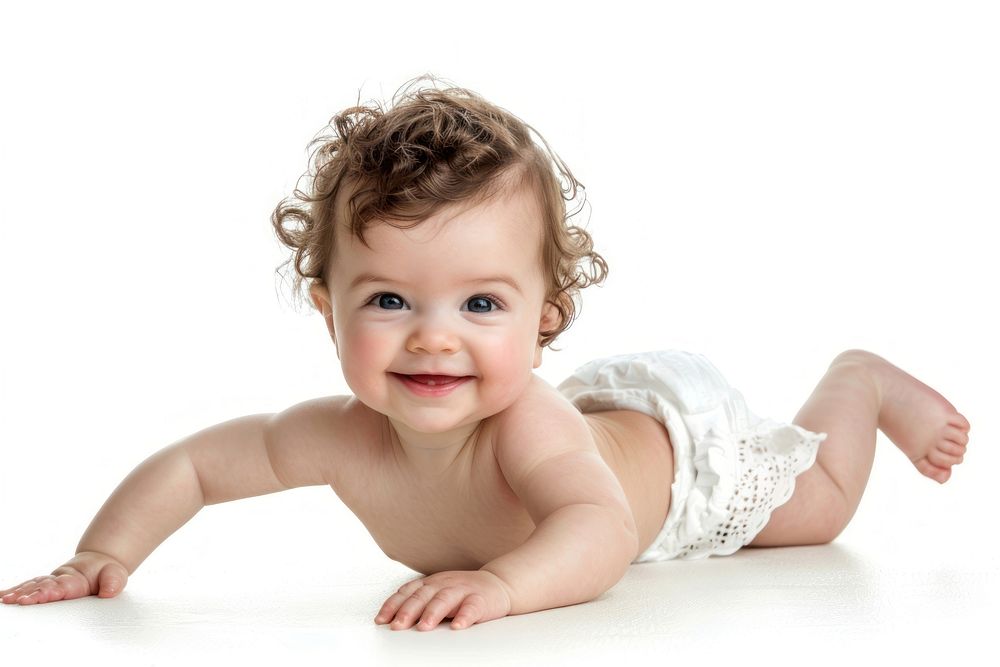 Baby crawling portrait white background.