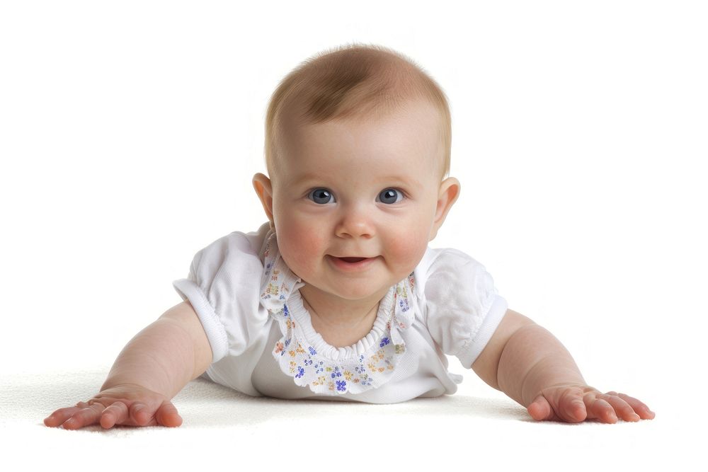 Baby crawling portrait white background.
