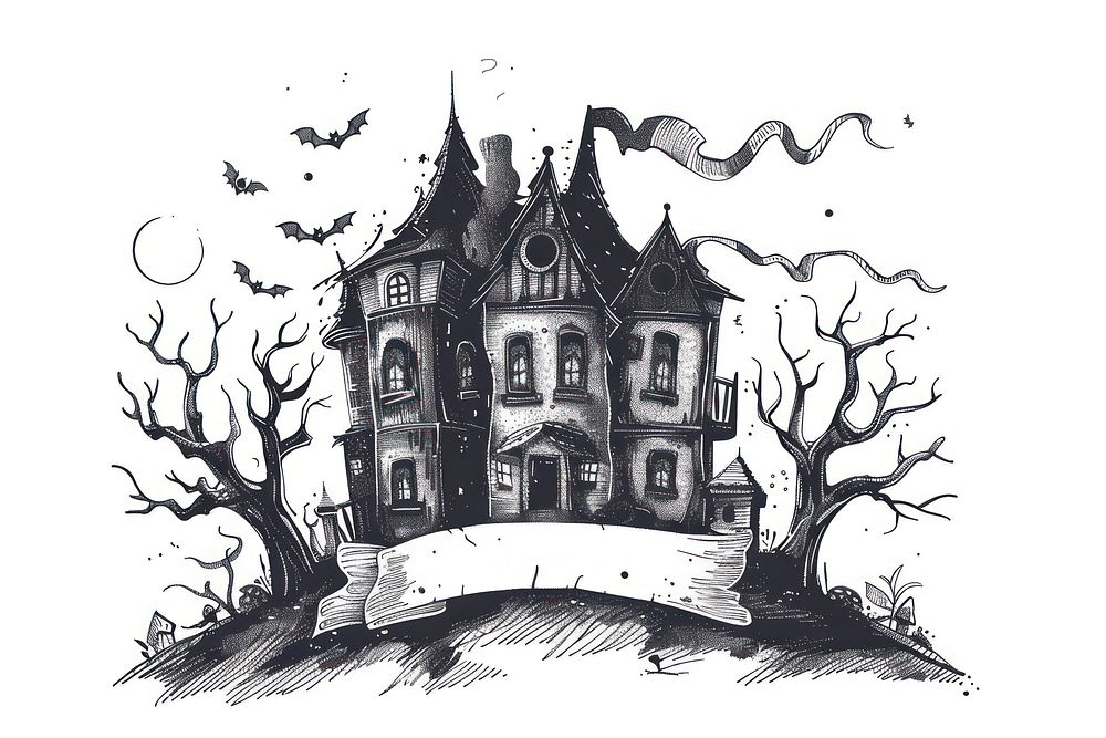 Ribbon with haunted house drawing sketch art.
