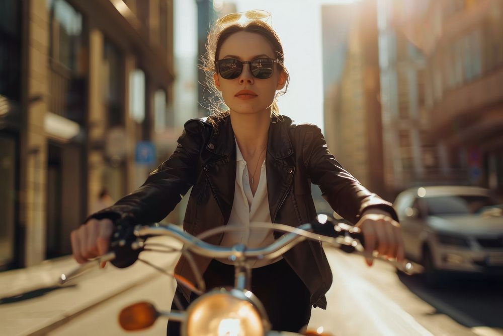 Businesswoman riding bike in a city sunglasses motorcycle vehicle.