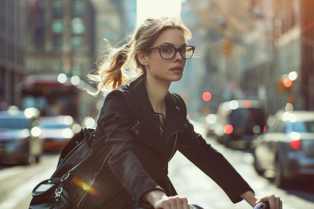 Businesswoman riding bike in a city portrait glasses vehicle.