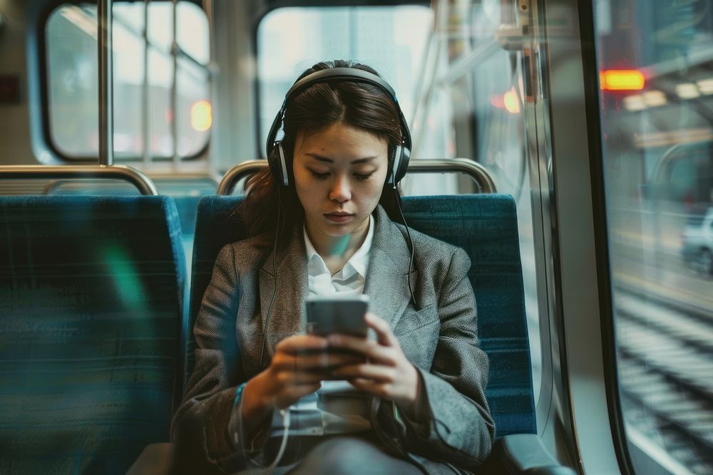 Businesswoman sitting on a train headphones vehicle adult.
