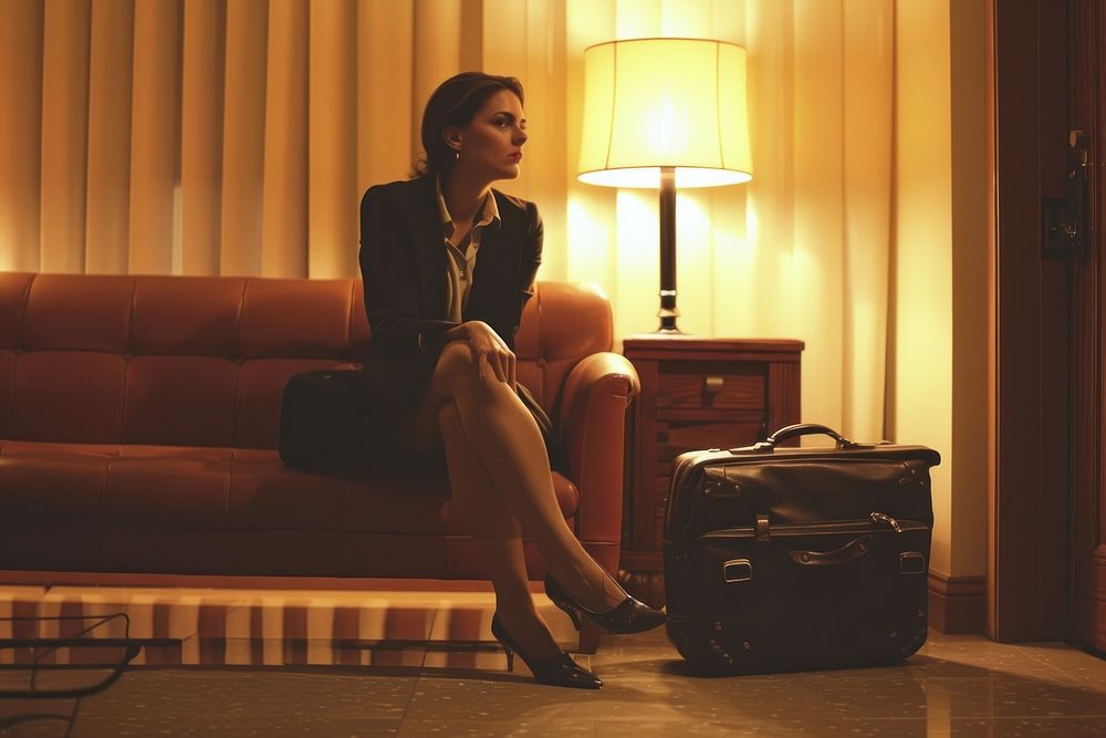 Businesswoman sitting in hallway with suitcase furniture footwear luggage.