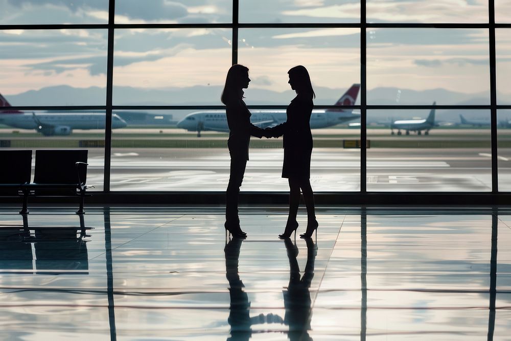 Businesswomen making handshake with partner at airport adult infrastructure transportation.