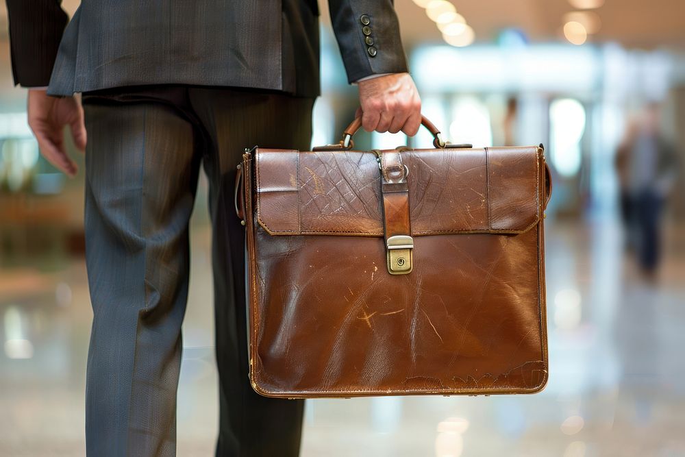 Businessman holding briefcase handbag accessories midsection.