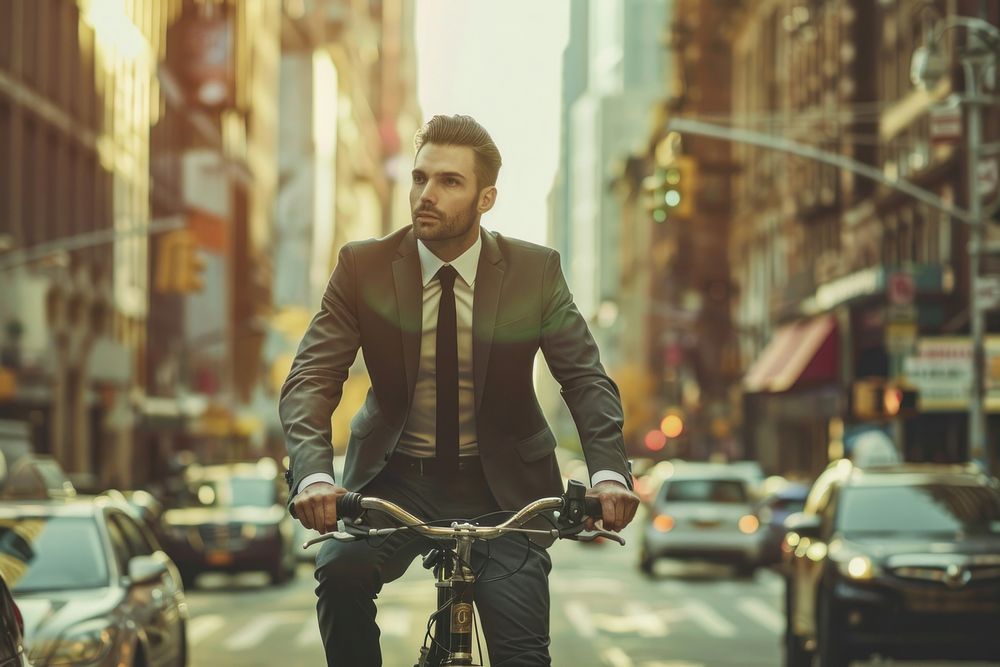 Businessman in suit riding bike in a city bicycle vehicle cycling.