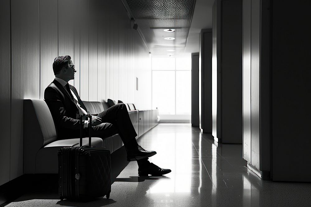 Businessman sitting in hallway with suitcase architecture adult contemplation.