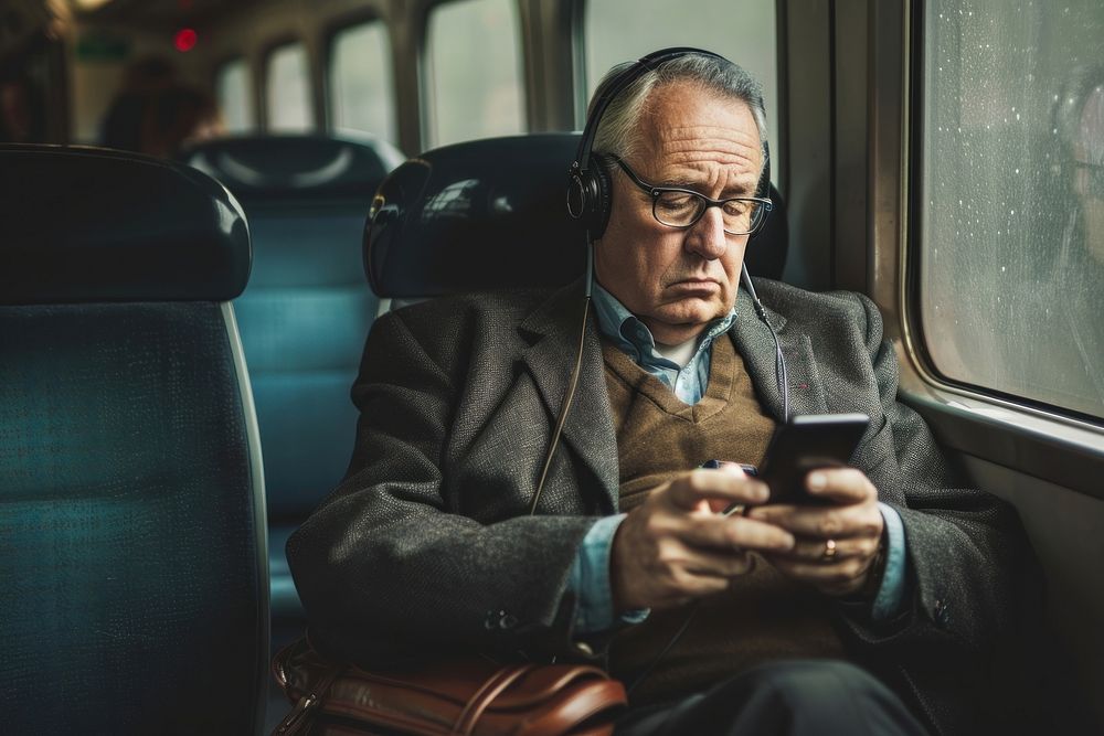 Businessman sitting on a train headphones glasses adult.