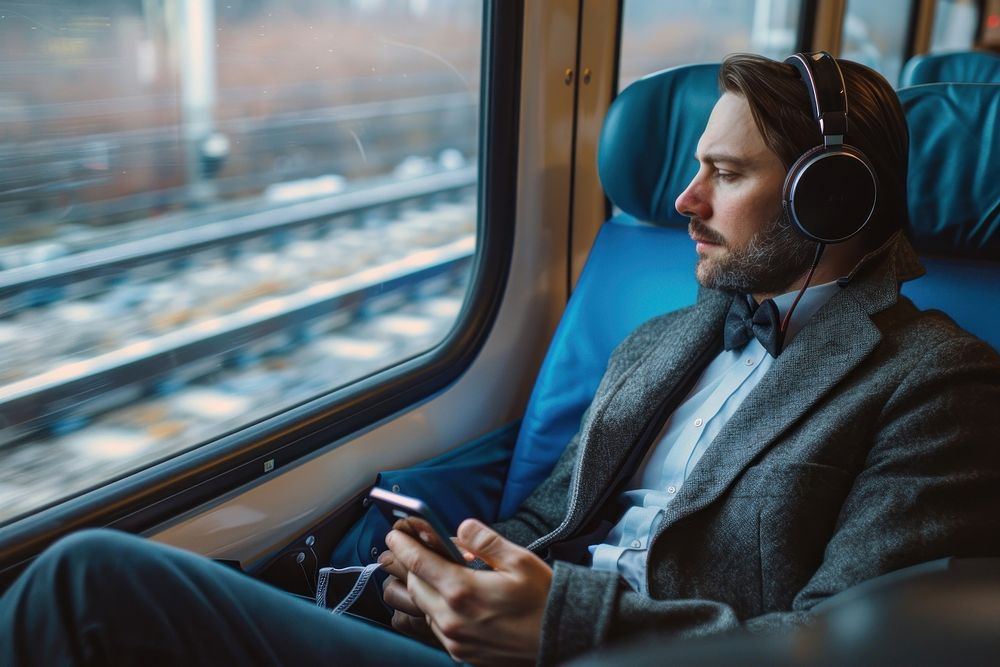 Businessman sitting on a train headphones headset vehicle.